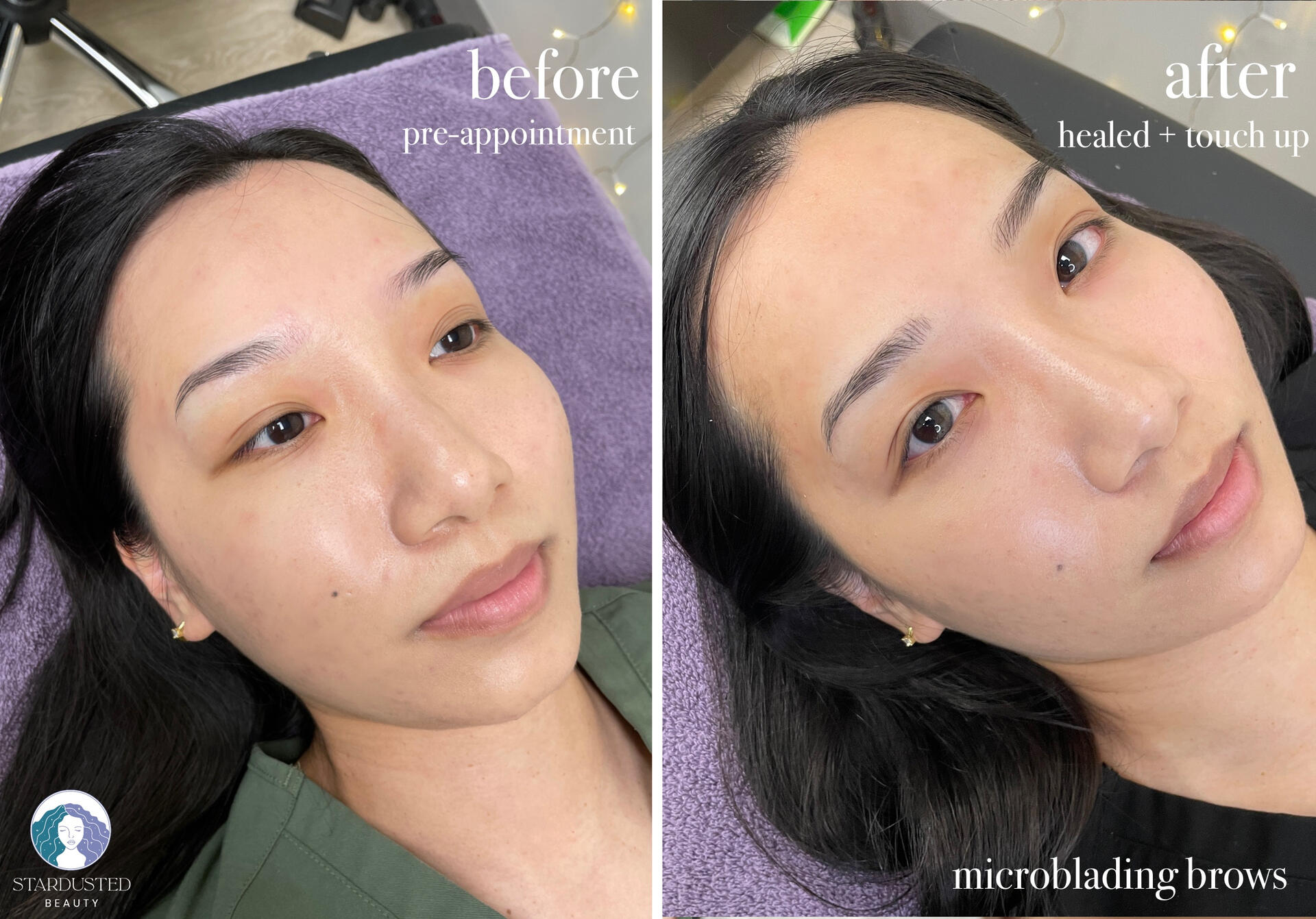 before and after microblading pmu touch up, natural and clean brow shape